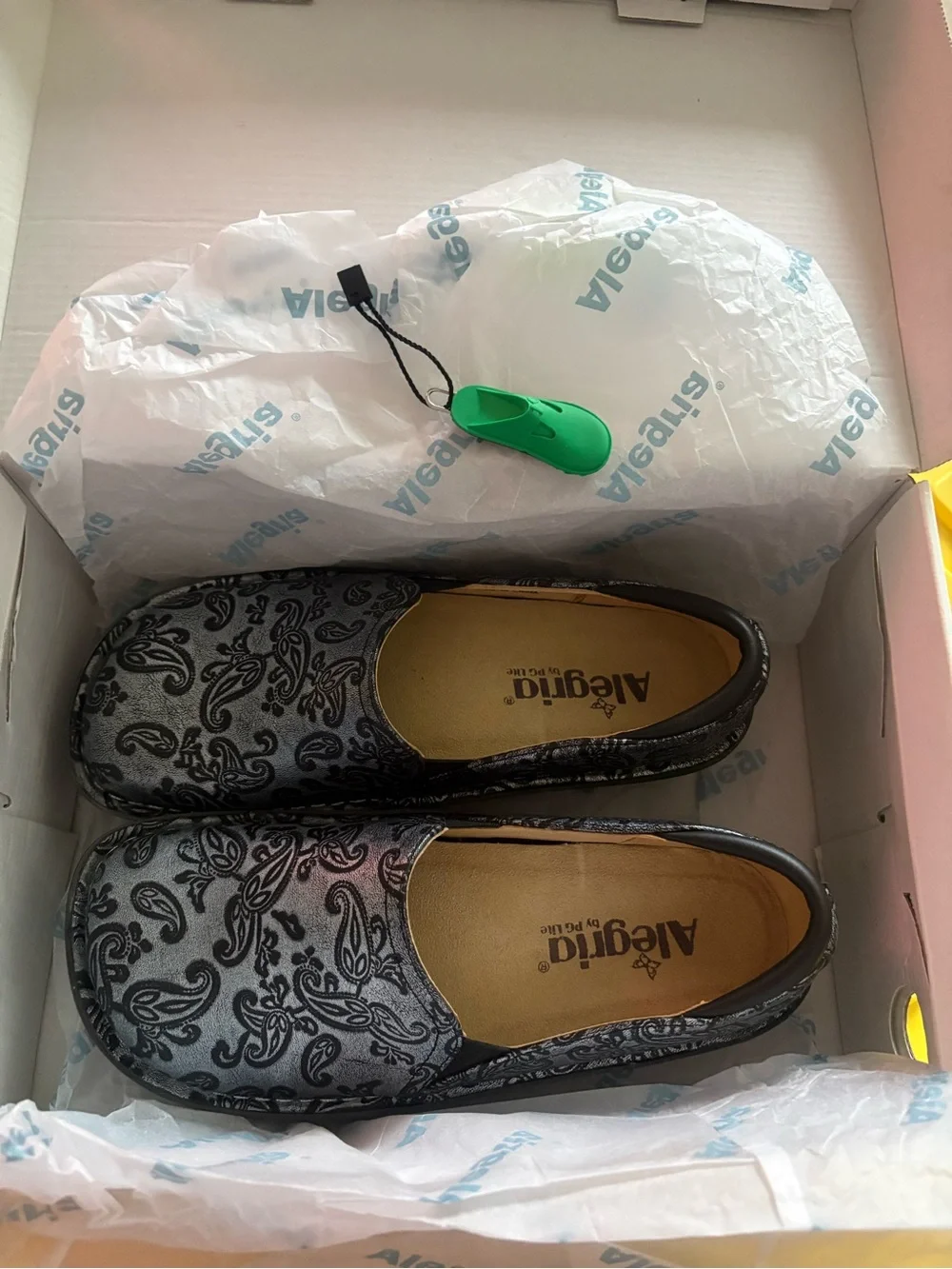 Alegria Black and Silver Paisley Slip-On Clogs